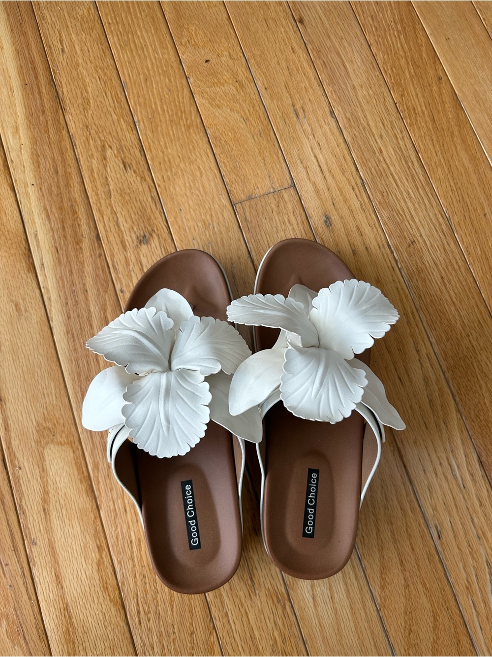 Good Chic Brown Slide Sandals with White Floral Detail